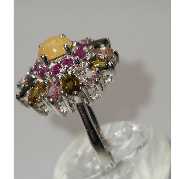 .925 Sterling Silver Fire Opal/Ruby/Tourmaline Floral Ring Size 9.5 Value $665 - Picture 2 of 6